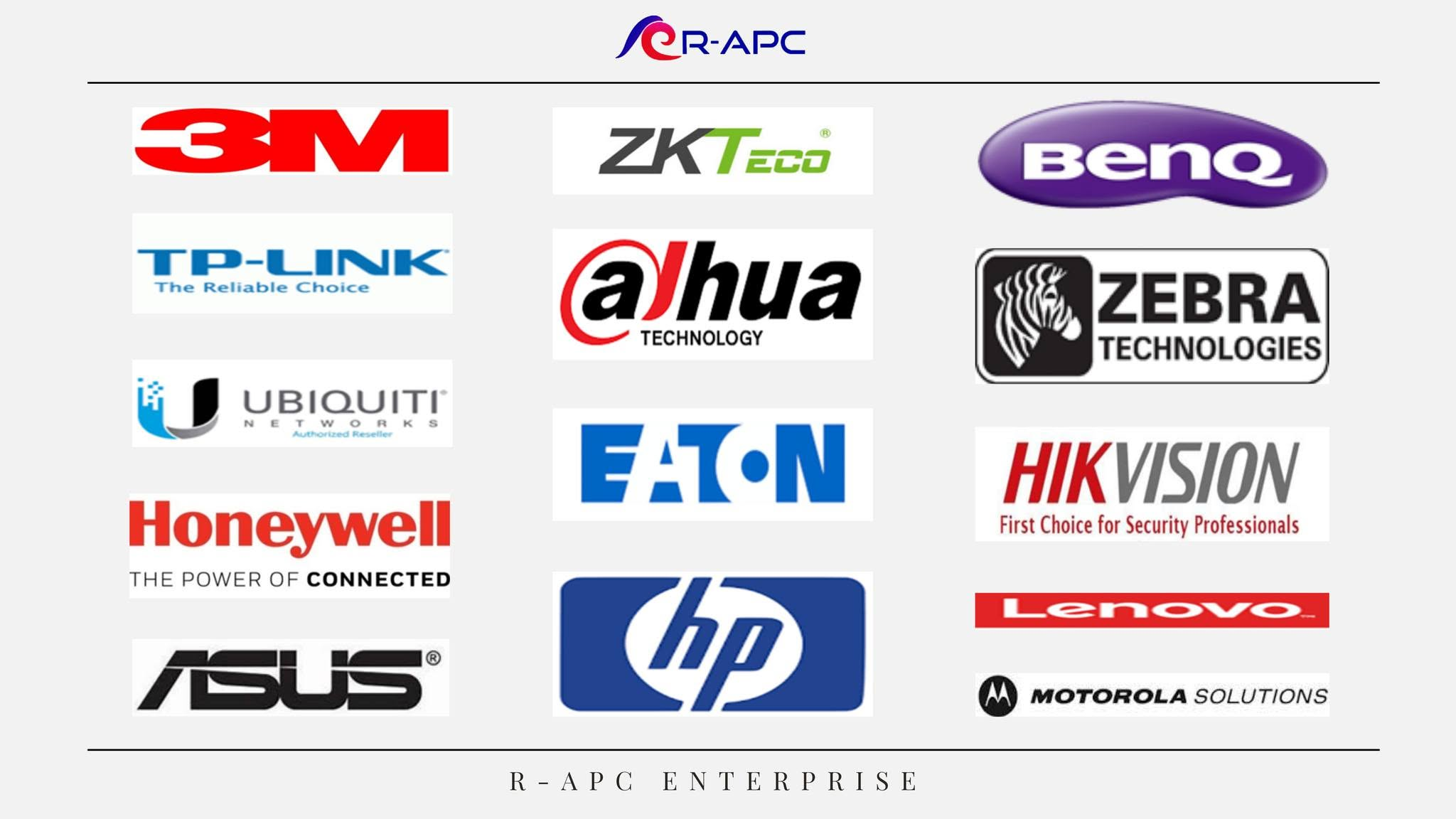 R-APC partner and product brands including 3M, ZKTeco, BenQ, TP-Link, Dahua, Zebra, Ubiquiti, Eaton and Hikvision