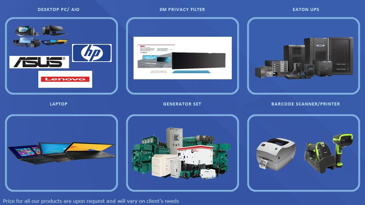 R-APC supplies including desktop PCs, privacy filters, UPS, laptops, generators and barcode devices